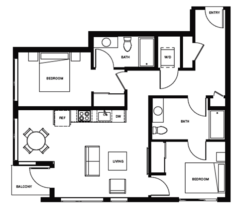 Floor plan for 2 beds, 2 baths, 940 sqft